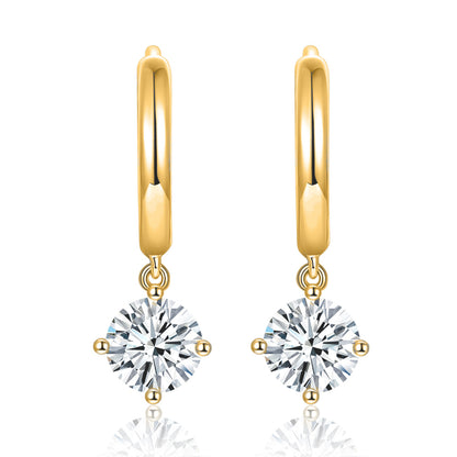 5.0mm Round Moissanite Drop Hoop Earrings, 4-Prong Gold Tone Huggie Earrings