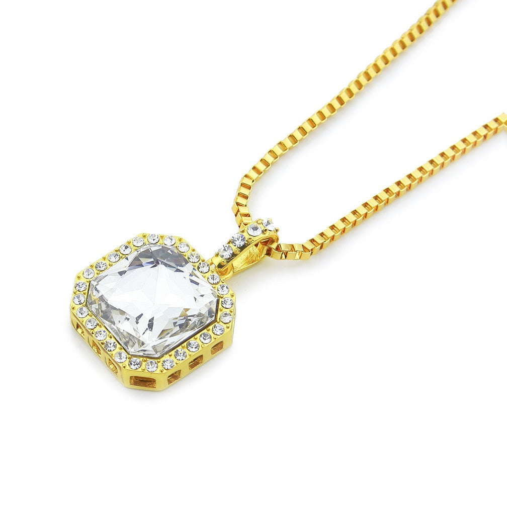 Gold Plated Square Crystal Pendant Necklace with Cubic Zirconia Halo - Hip Hop Statement Chain for Women product image
