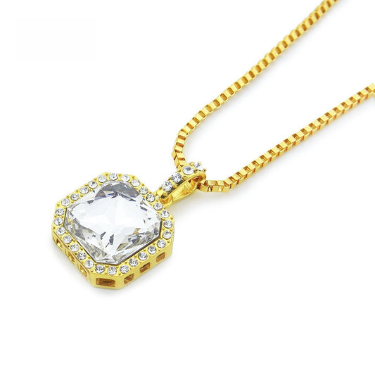 Gold Plated Square Crystal Pendant Necklace with Cubic Zirconia Halo - Hip Hop Statement Chain for Women