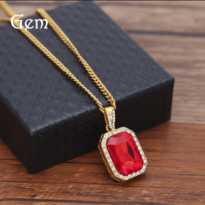 Men’s Iced Gemstone Pendant Necklace with Cuban or Rope Chain, Gold Tone & Silver Tone Crystal Statement Jewelry