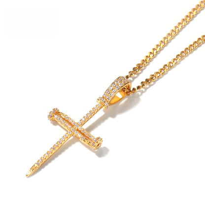 Iced Cross Pendant Necklace for Men with Cubic Zirconia Twist Chain, Gold Plated or Silver Plated Statement Chain Necklace