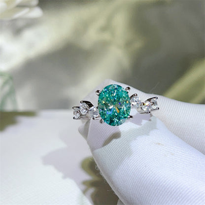 Green Moissanite Ring for Women, Oval 2 Carat Style U-Shape S925 Ring, Engagement Promise Ring