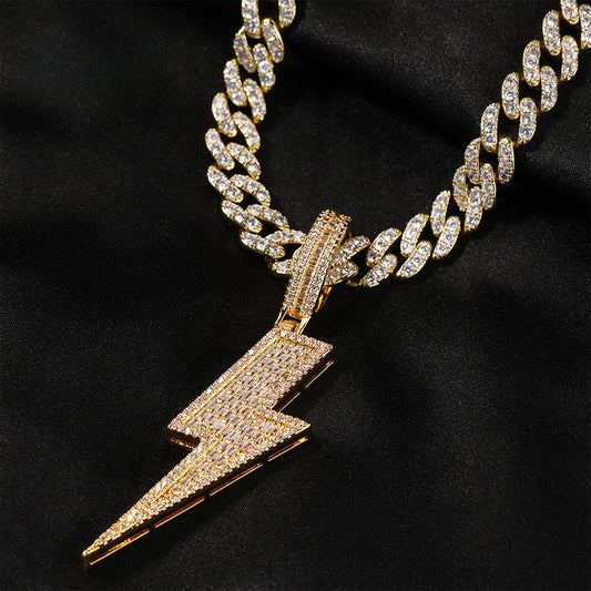 Iced Lightning Bolt Pendant Necklace with Cuban Twist Chain for Women and Men