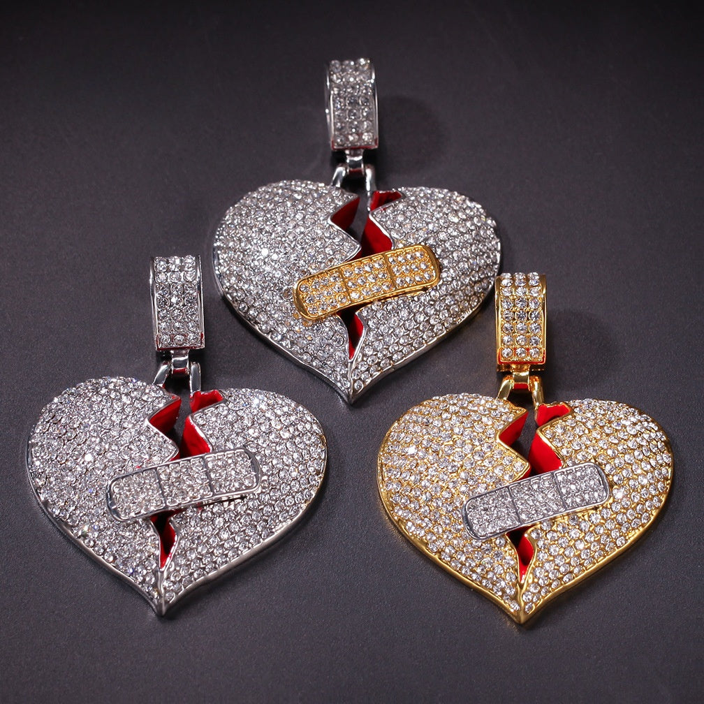 Iced Broken Heart Pendant Necklace with 24 Inch Stainless Steel Rope Chain for Women and Men