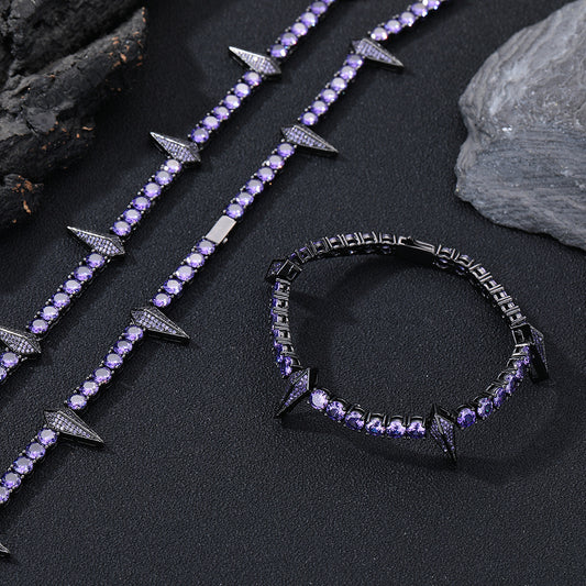 Purple Cubic Zirconia Spike Tennis Chain Bracelet and Necklace Set, Unisex Hip Hop Jewelry alternate product image