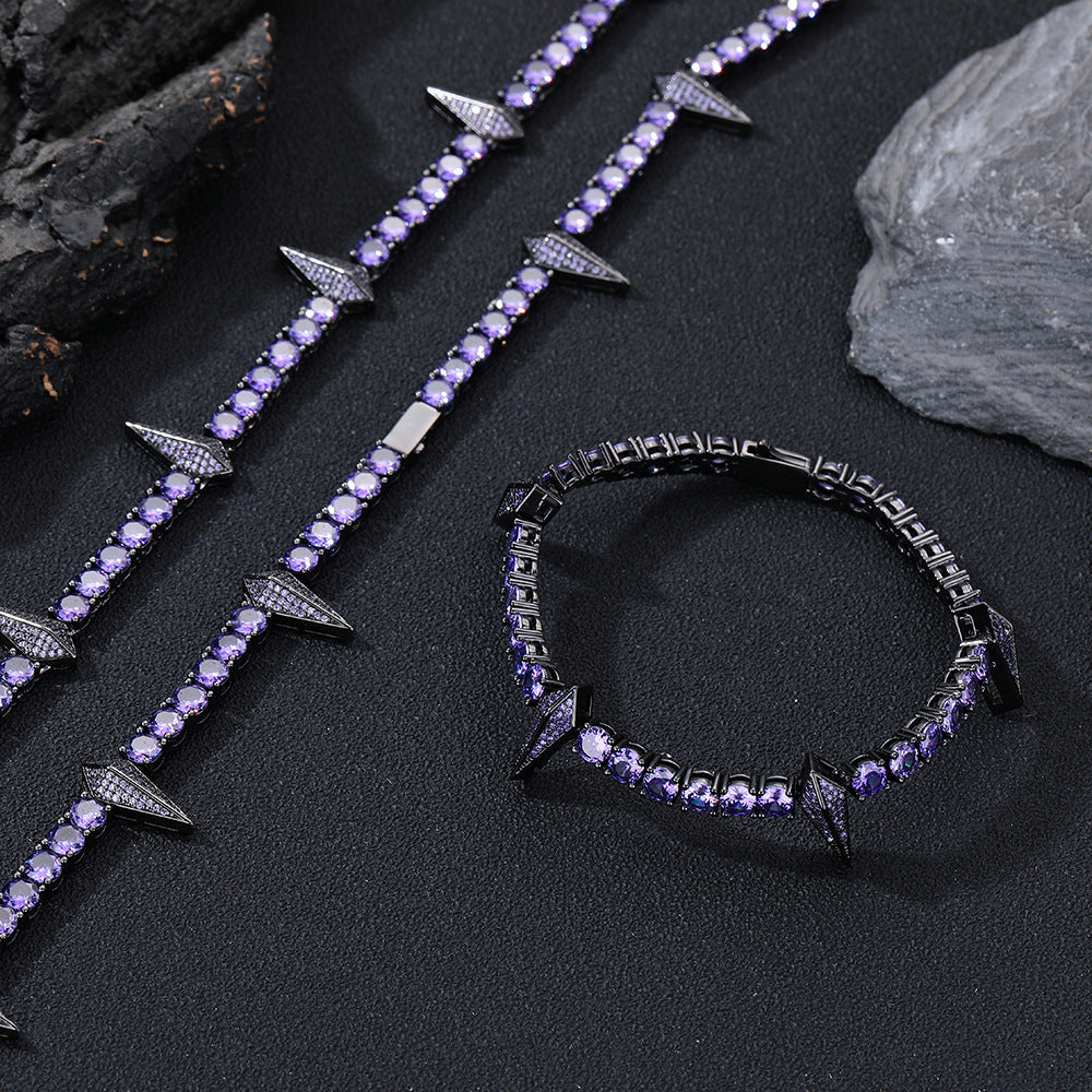 Purple Cubic Zirconia Spike Tennis Chain Bracelet and Necklace Set, Unisex Hip Hop Jewelry