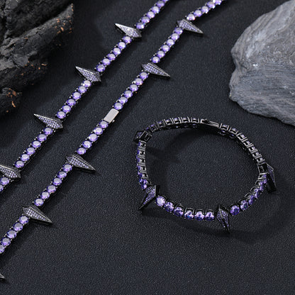 Purple Cubic Zirconia Spike Tennis Chain Bracelet and Necklace Set, Unisex Hip Hop Jewelry