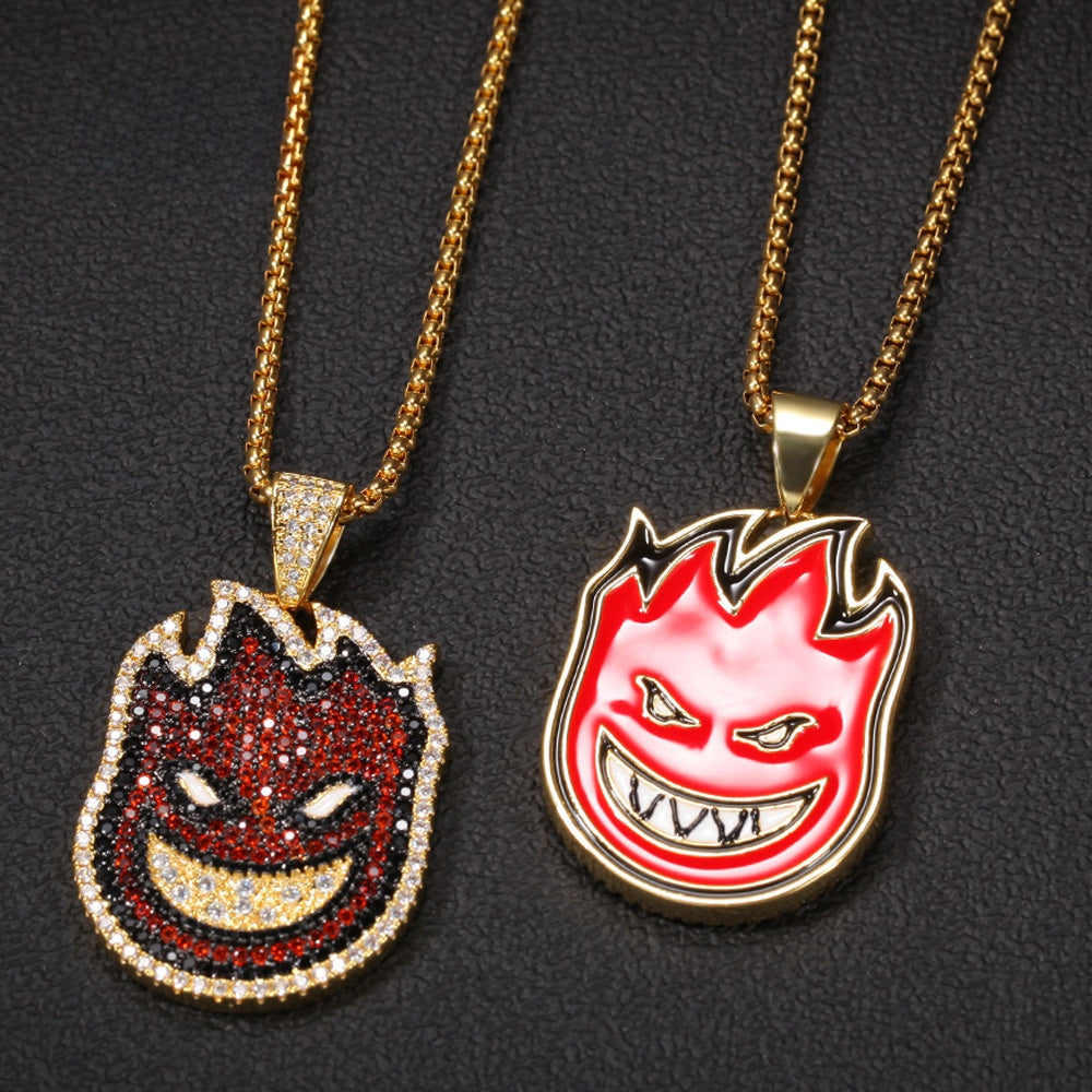 Gold Tone Stainless Steel Flame Face Pendant Necklace with crystal detail Detail product image