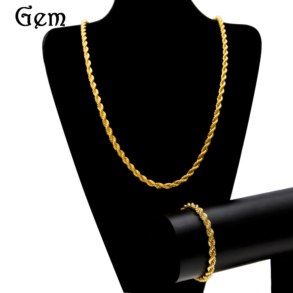 Unisex 6mm Twisted Rope Chain Necklace & Bracelet Set in Gold or Silver Tone product image