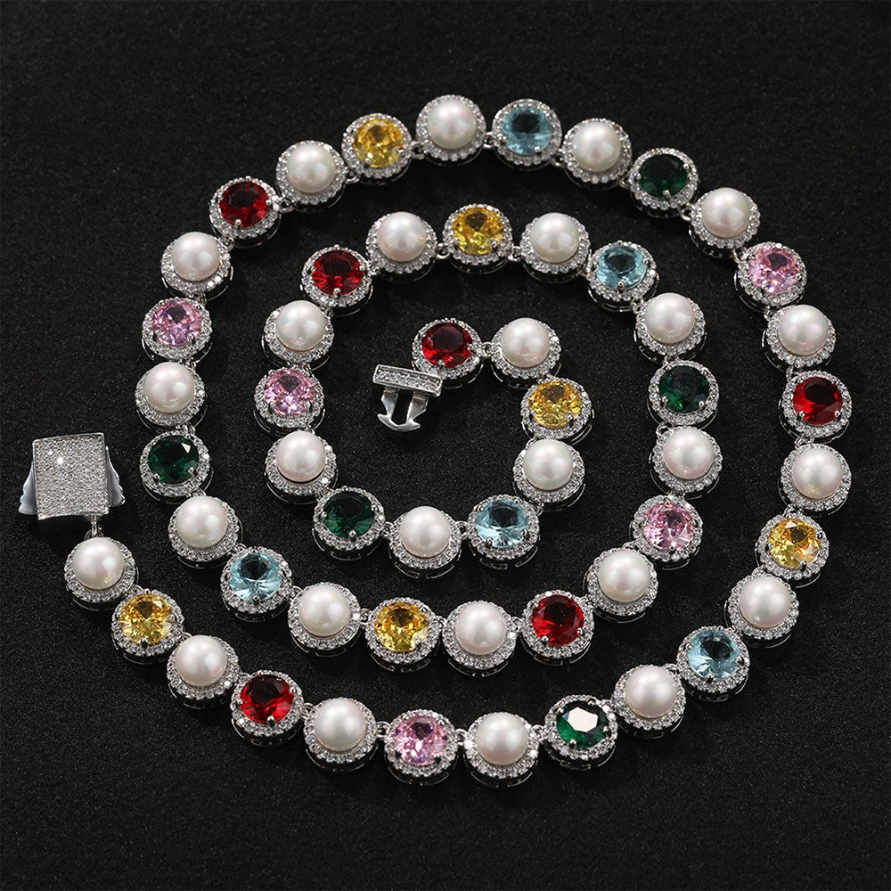 Unisex Pearl & Multicolor Crystal Chain Necklace and Bracelet Set in Gold or Silver Tone product image