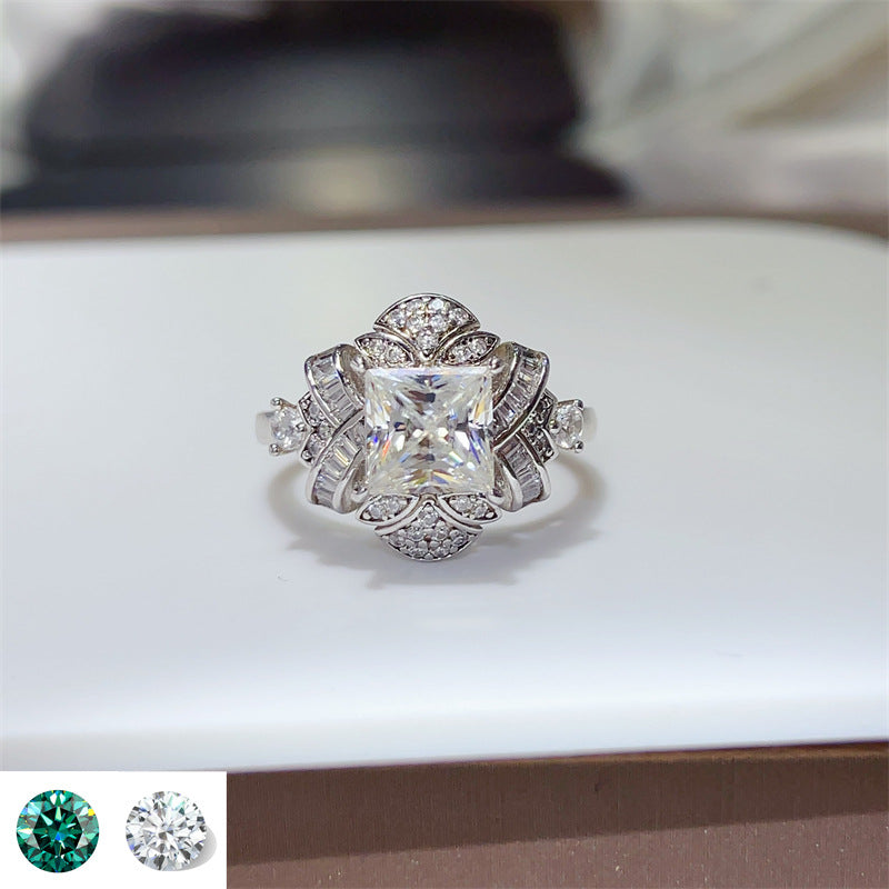 2 Carat Princess Cut Moissanite Ring for Women, VVS1 Statement Engagement Ring with White or Green Center Stone product image