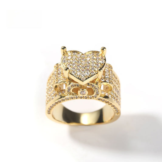 Iced Out Heart Ring for Women & Men – Gold or Silver Color Copper Ring with Micro Pave Cubic Zirconia, Hip Hop Unisex Statement Jewelry