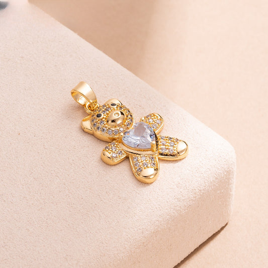 Gold Plated Teddy Bear Pendant Necklace with Heart Crystal Charm for Women