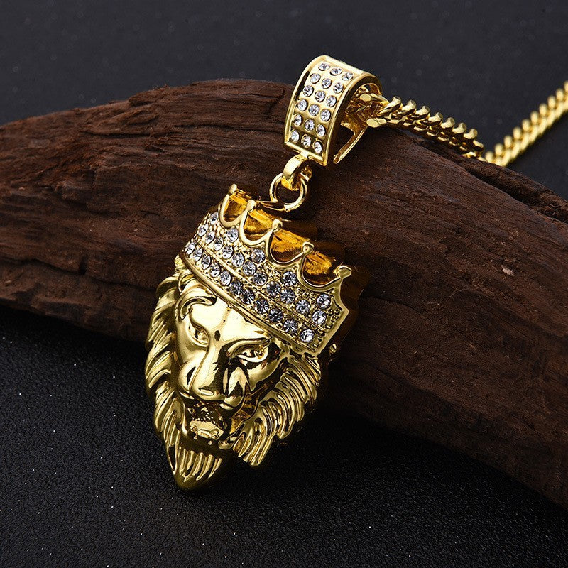 Hip Hop Vintage Crown Lion Alloy Pendant Necklace for Men and Women