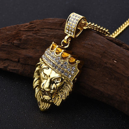 Hip Hop Vintage Crown Lion Alloy Pendant Necklace for Men and Women