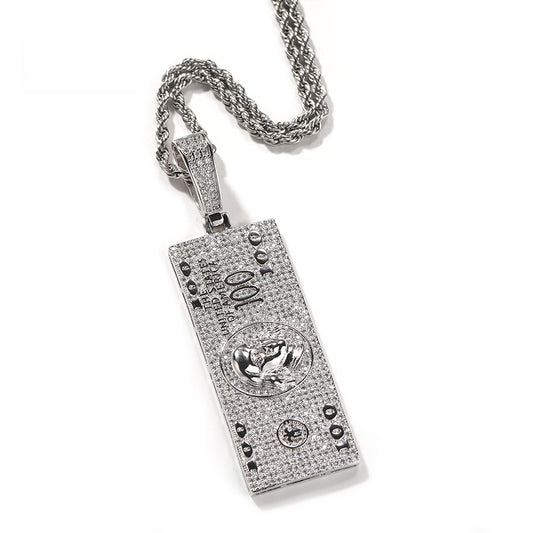 Men’s Iced Money Bar Pendant Necklace with Zircon Stones, 24 Inch 3mm Rope Chain, Gold or Silver Tone