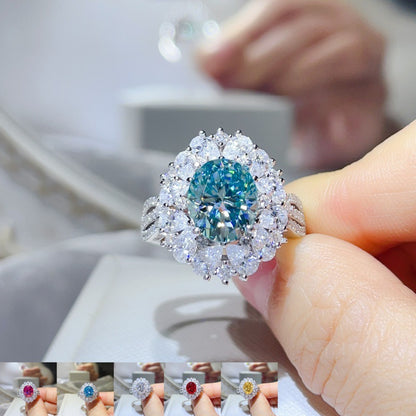 5 Carat Moissanite Halo Ring for Women, Oval Color Stone Statement Engagement Ring