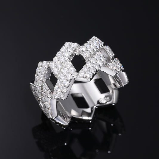 925 Silver Moissanite Geometric Link Ring - Iced Hip Hop Unisex Band product image