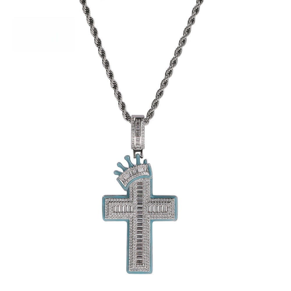 Iced Cross Pendant Necklace with Glow Detail - Gold or Silver Tone Rope Chain, Unisex Statement Jewelry