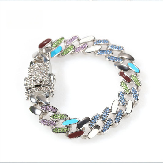 Unisex Statement Chain Bracelet with Multicolor Crystal Links - Hip Hop Style in Golden or Silvery, 7 Inch & 8 Inch