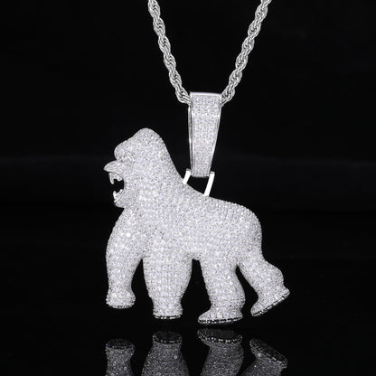 Iced Out Gorilla Pendant Necklace, Hip Hop Animal Charm Rope Chain