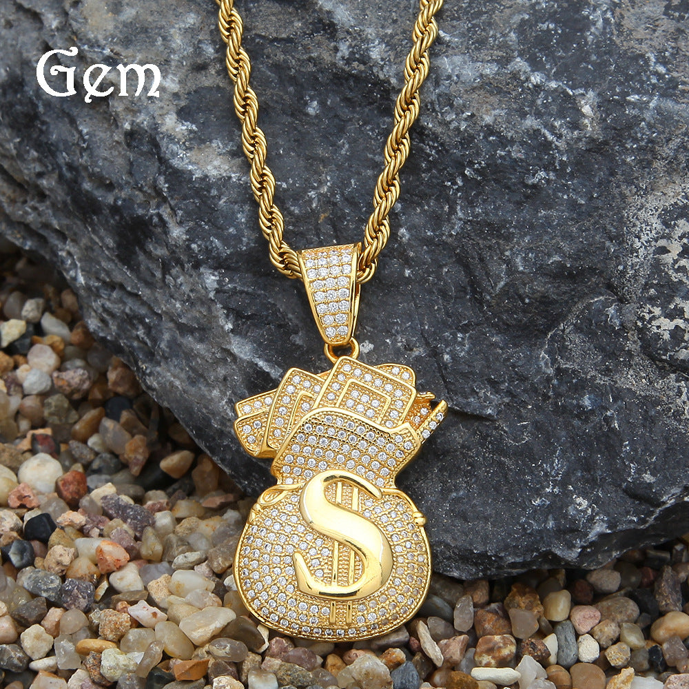 Gold Plated Money Bag Pendant Necklace with Cubic Zirconia on 24 Inch Twisted Stainless Steel Chain