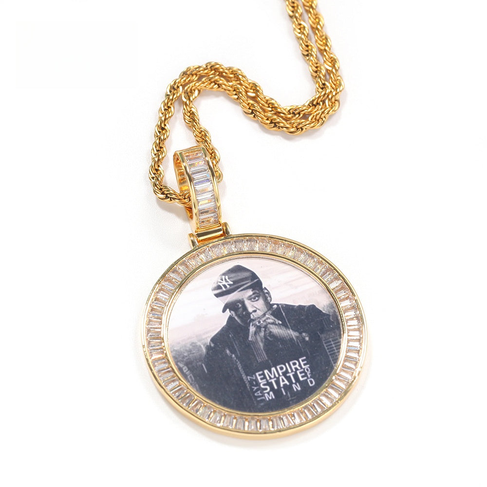 Unisex Hip Hop Round Photo Pendant Necklace with Cubic Zirconia Rope Chain in Gold, Silver & Rose Gold