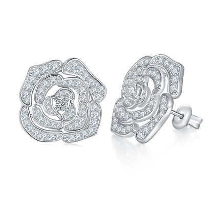 S925 Sterling Silver Camellia Flower Moissanite Stud Earrings for Women