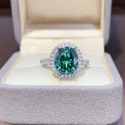 Green Moissanite Halo Ring for Women, Oval Cut Micro Pave Engagement Ring, 1CT 2CT 3CT 5CT
