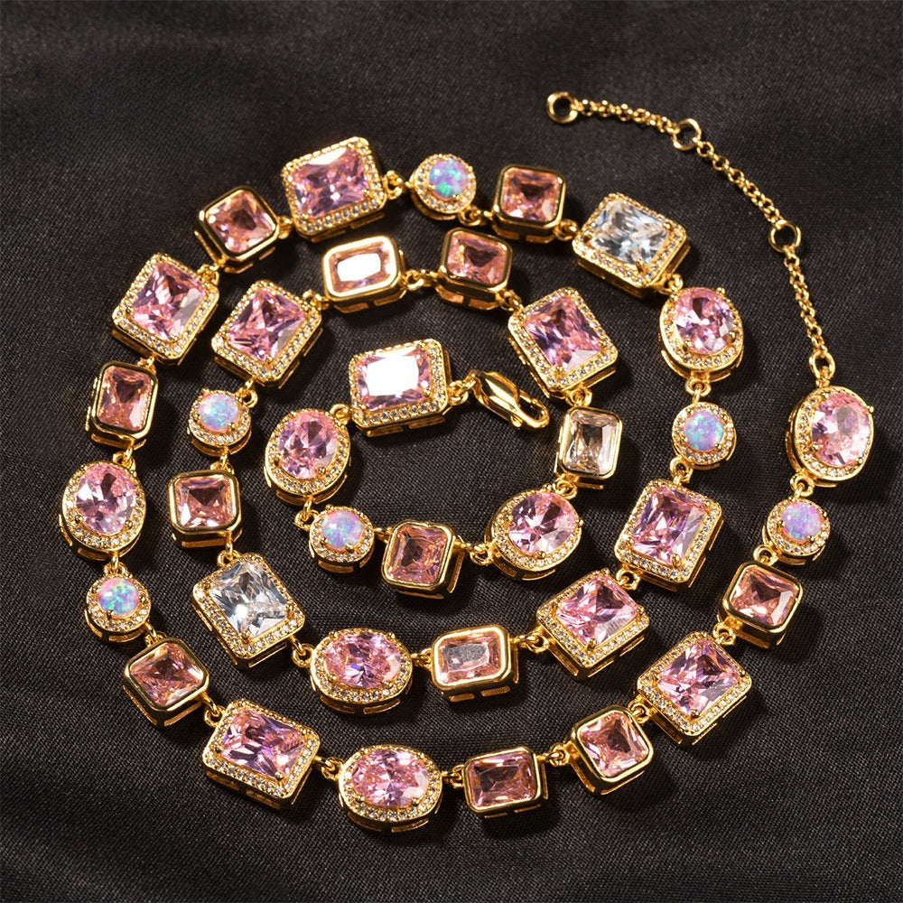 Pink Opal-Inspired Cubic Zirconia Bracelet and Necklace Set for Women & Men, Gold Tone Oval and Rectangle Statement Chain Jewelry product image