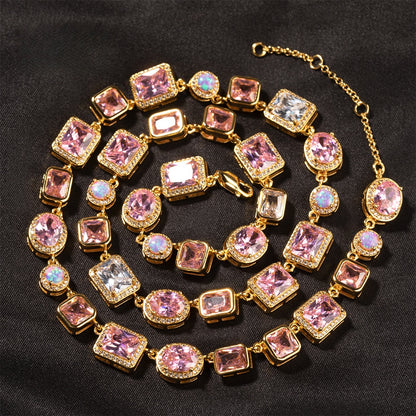 Pink Opal-Inspired Cubic Zirconia Bracelet and Necklace Set for Women & Men, Gold Tone Oval and Rectangle Statement Chain Jewelry