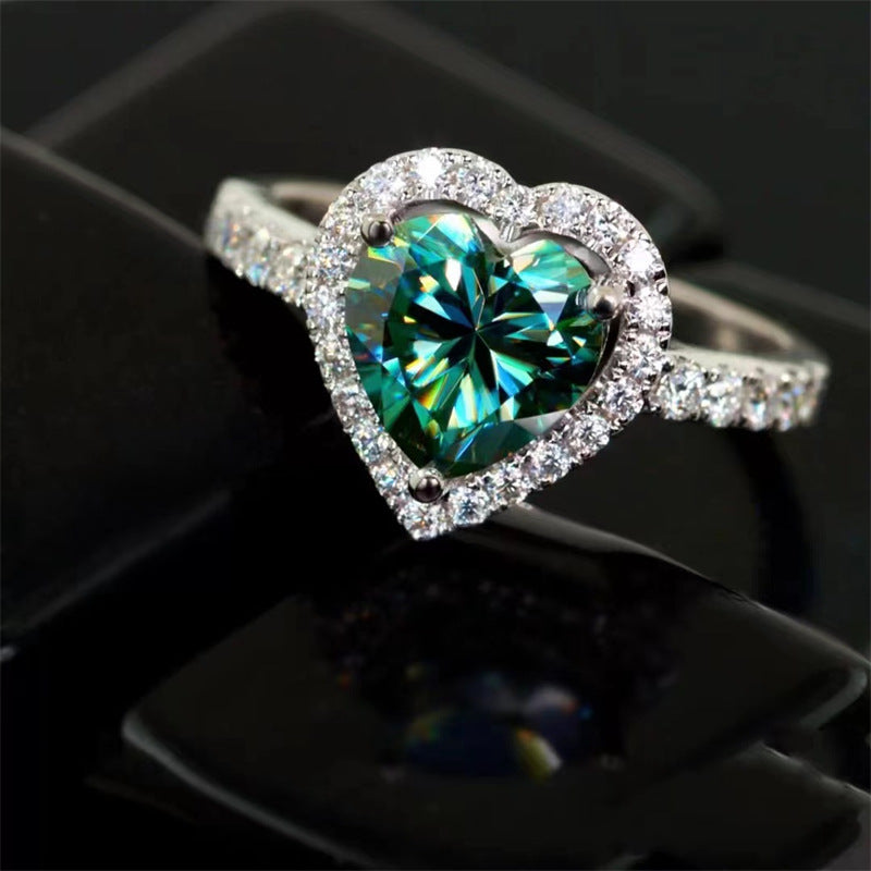 Green Heart Moissanite Halo Ring for Women, 1 Carat or 2 Carat Engagement Ring, Au750 White Gold Color product image