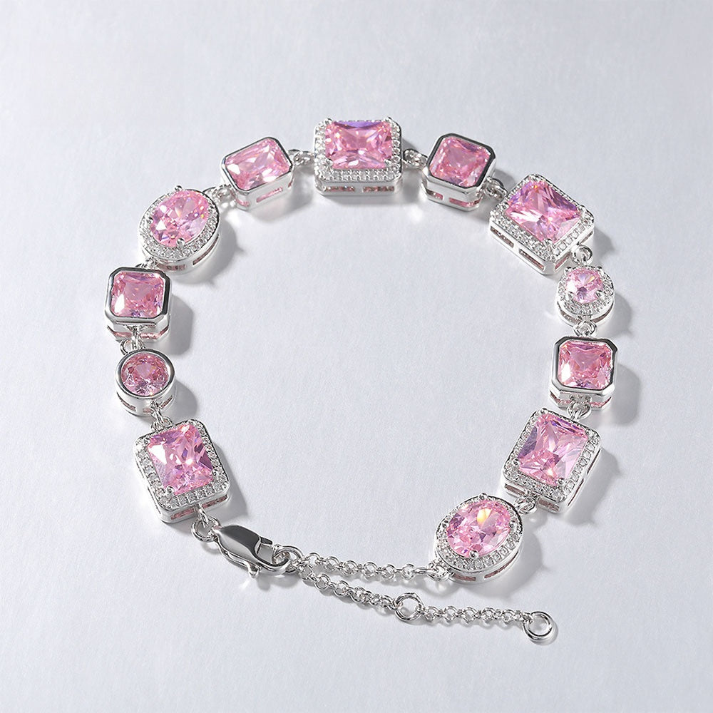 Elegant Pink Cubic Zirconia Link Bracelet for Women in Silver Tone - Round & Square Statement Chain Bracelet