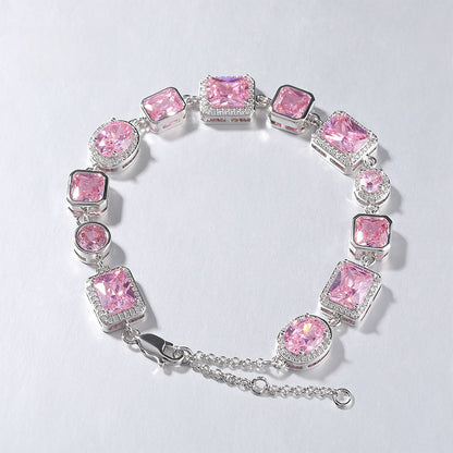 Elegant Pink Cubic Zirconia Link Bracelet for Women in Silver Tone - Round & Square Statement Chain Bracelet