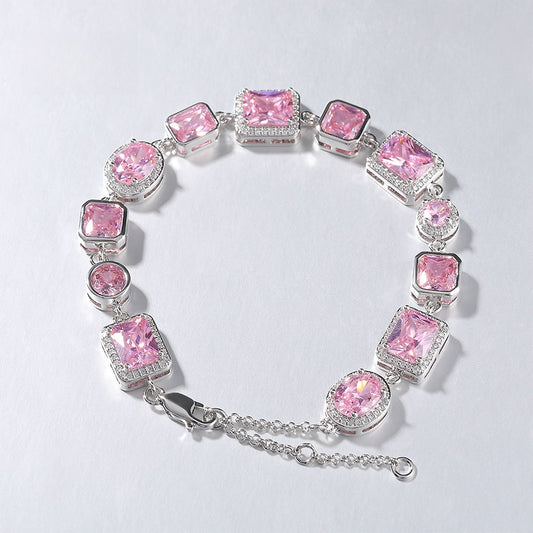 Elegant Pink Cubic Zirconia Link Bracelet for Women in Silver Tone - Round & Square Statement Chain Bracelet