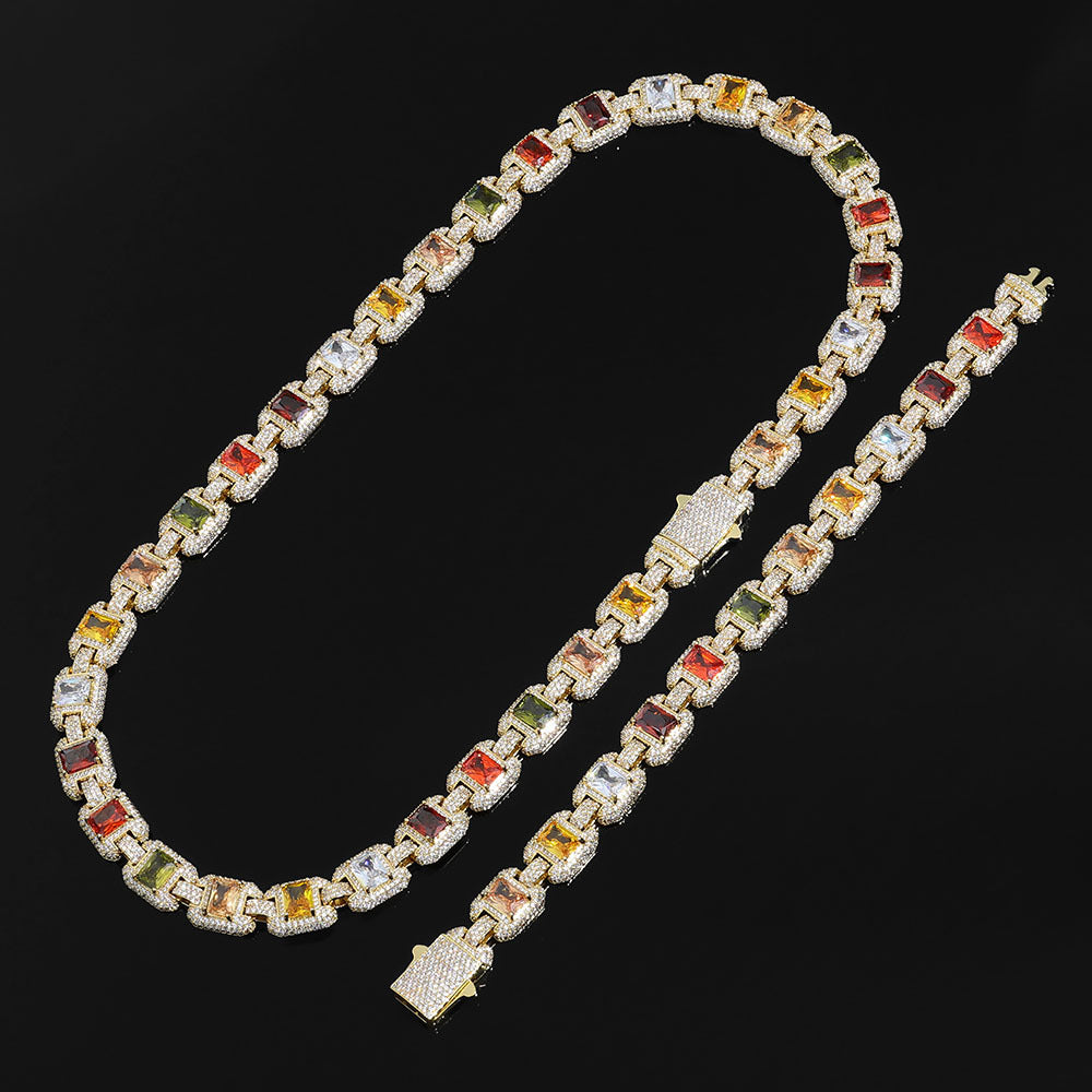 12 mm Mixed-Color Square CZ Halo Link Hip Hop Necklace or Bracelet with Copper Base - CHA427 product image