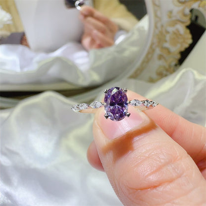 Purple Oval Moissanite Ring for Women, Oval Engagement Ring with Accent Stones, 1 Carat or 2 Carat