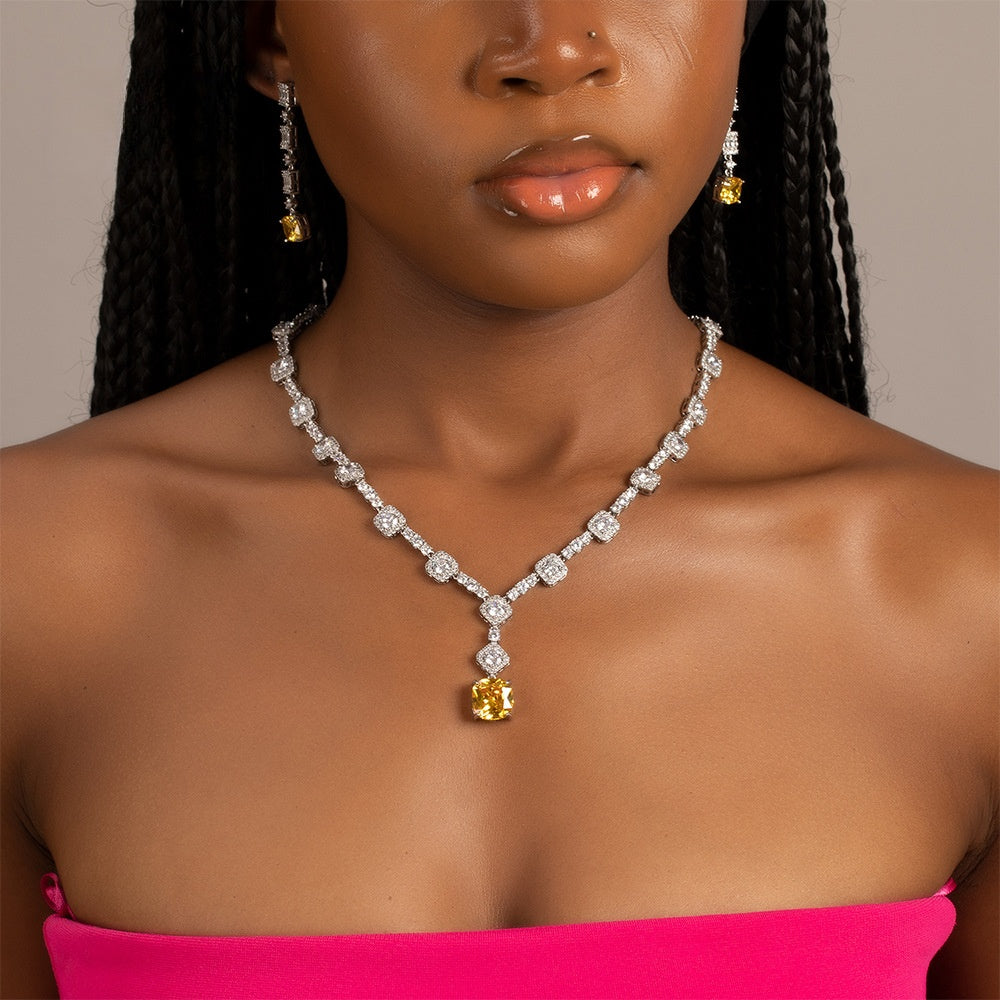 Luxury Cubic Zirconia Chain Necklace and Earrings Set for Women with Yellow Stone Pendant product image