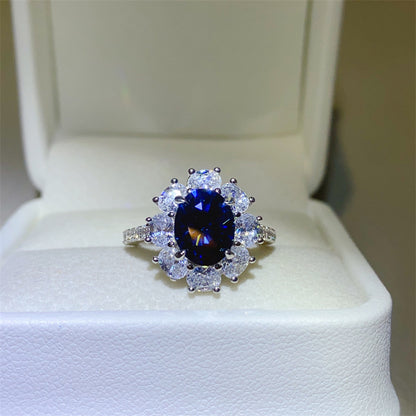 Blue Moissanite Halo Ring for Women, Oval Statement Engagement Ring, Promise Ring Gift