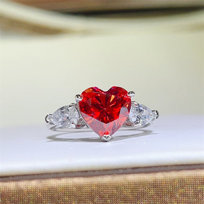 Red Heart Moissanite Ring for Women, Three-Stone Heart Cut Engagement Ring, 1 Carat 2 Carat 3 Carat Promise Ring