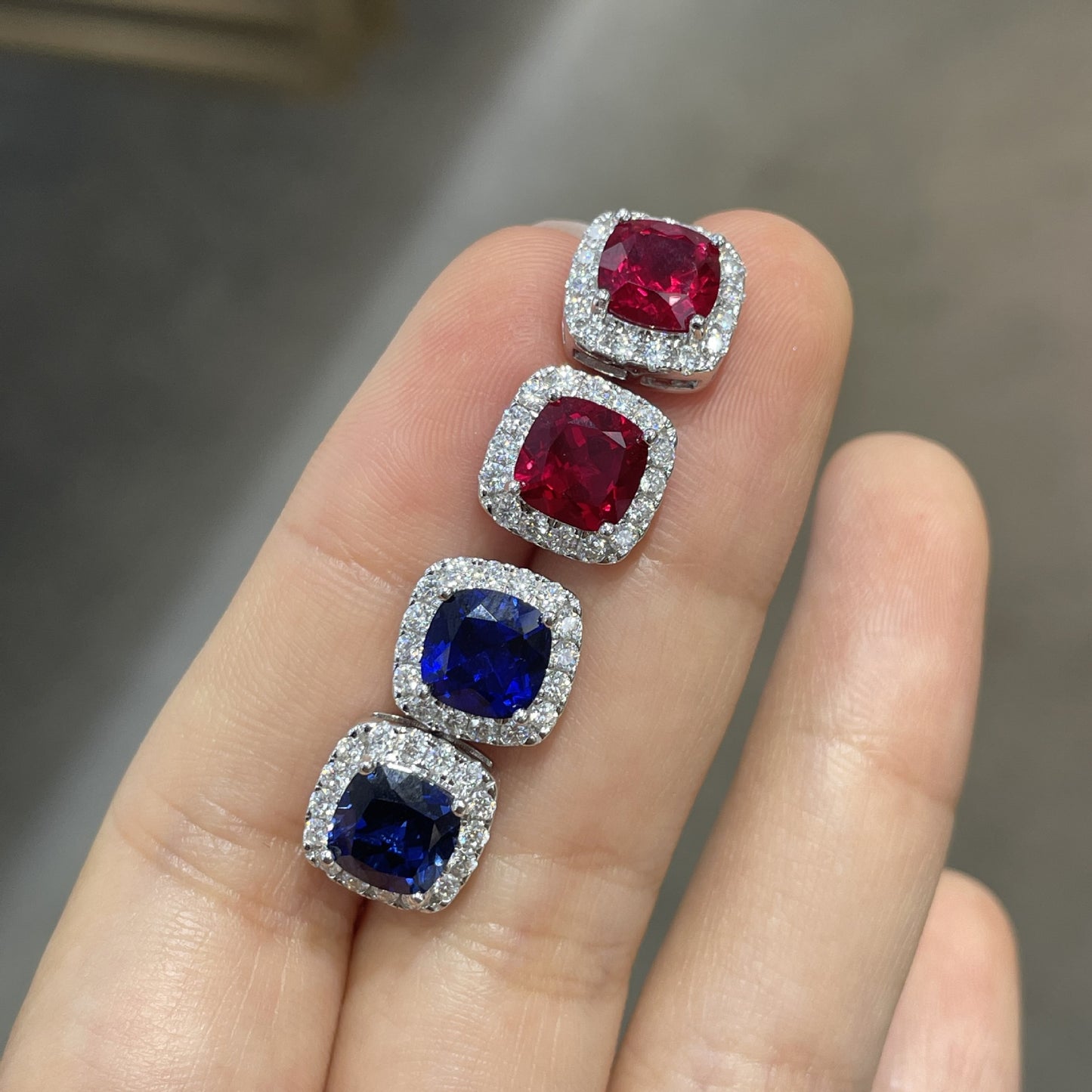 Square Halo Stud Earrings, Cushion Cut Colored Stone Ear Studs, Red and Blue Sparkle Earrings for Everyday Wear product image