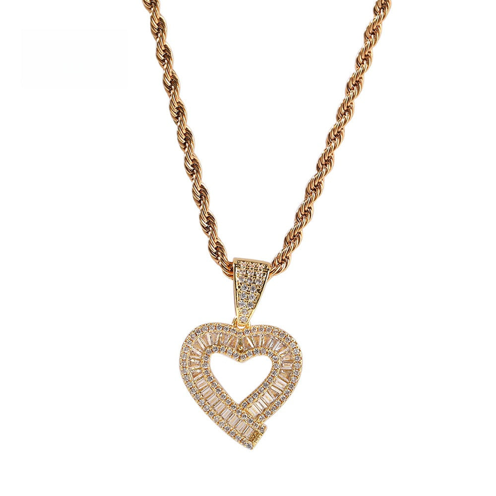 Iced Heart Pendant Necklace with Zircon Stones, 24 Inch 3mm Rope Chain, Hip Hop Copper Necklace for Women & Men