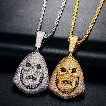 Iced Out Skull Pendant Necklace for Men - Hip Hop Copper Jewelry with Cubic Zirconia Rope Chain