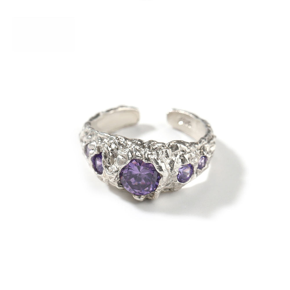 Men’s Irregular Silver Ring with Purple Cubic Zirconia – Hip Hop Statement Open Band product image