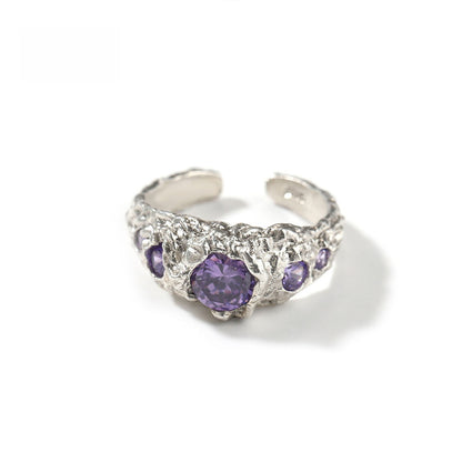 Men’s Irregular Silver Ring with Purple Cubic Zirconia – Hip Hop Statement Open Band