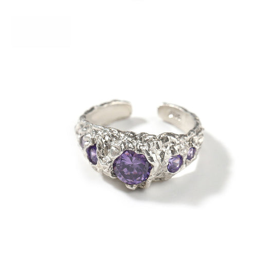 Men’s Irregular Silver Ring with Purple Cubic Zirconia – Hip Hop Statement Open Band