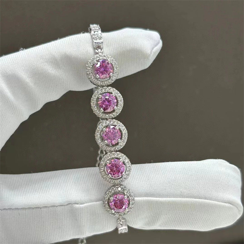 Pink VVS1 Moissanite Tennis Bracelet for Women, White-Tone Halo Link Bracelet product image