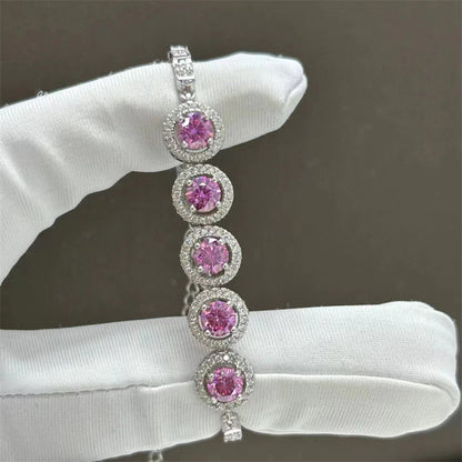 Pink VVS1 Moissanite Tennis Bracelet for Women, White-Tone Halo Link Bracelet