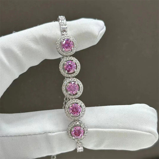 Pink VVS1 Moissanite Tennis Bracelet for Women, White-Tone Halo Link Bracelet