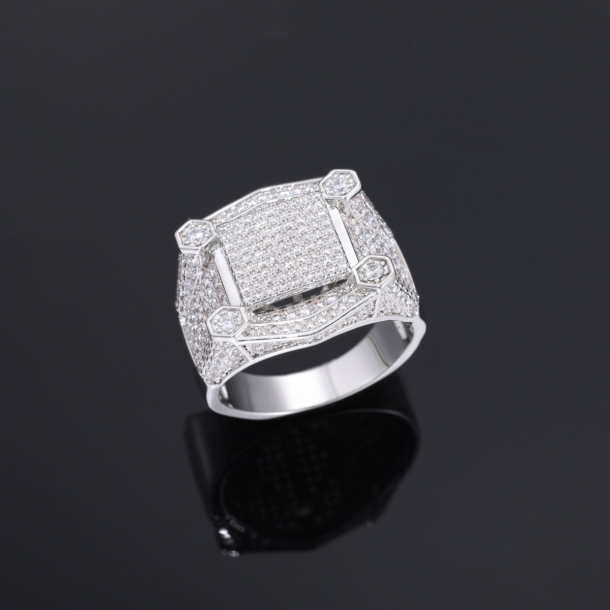 Unisex Iced Out Geometric Square Ring with Cubic Zirconia in White Gold Tone product image